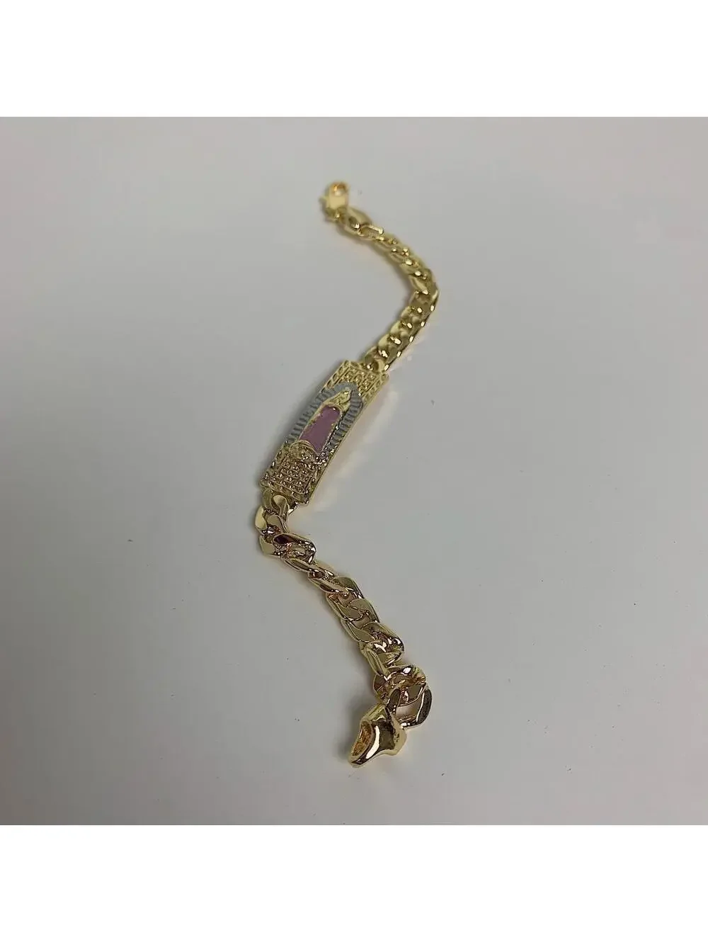 Vintage Y2k Style Gold Saint Marry Pink Pendant Cuban Link Figaro Bracelet.